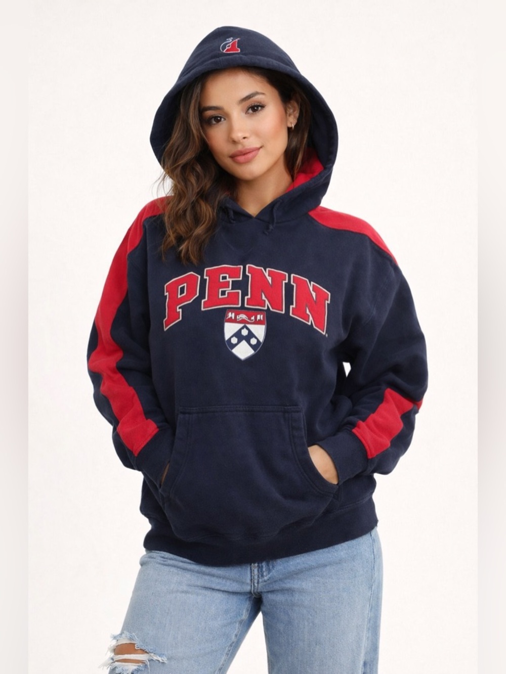 Champion University‎ of Penn Vintage Blue/Red Hoodie Sweatshirt Sz. L